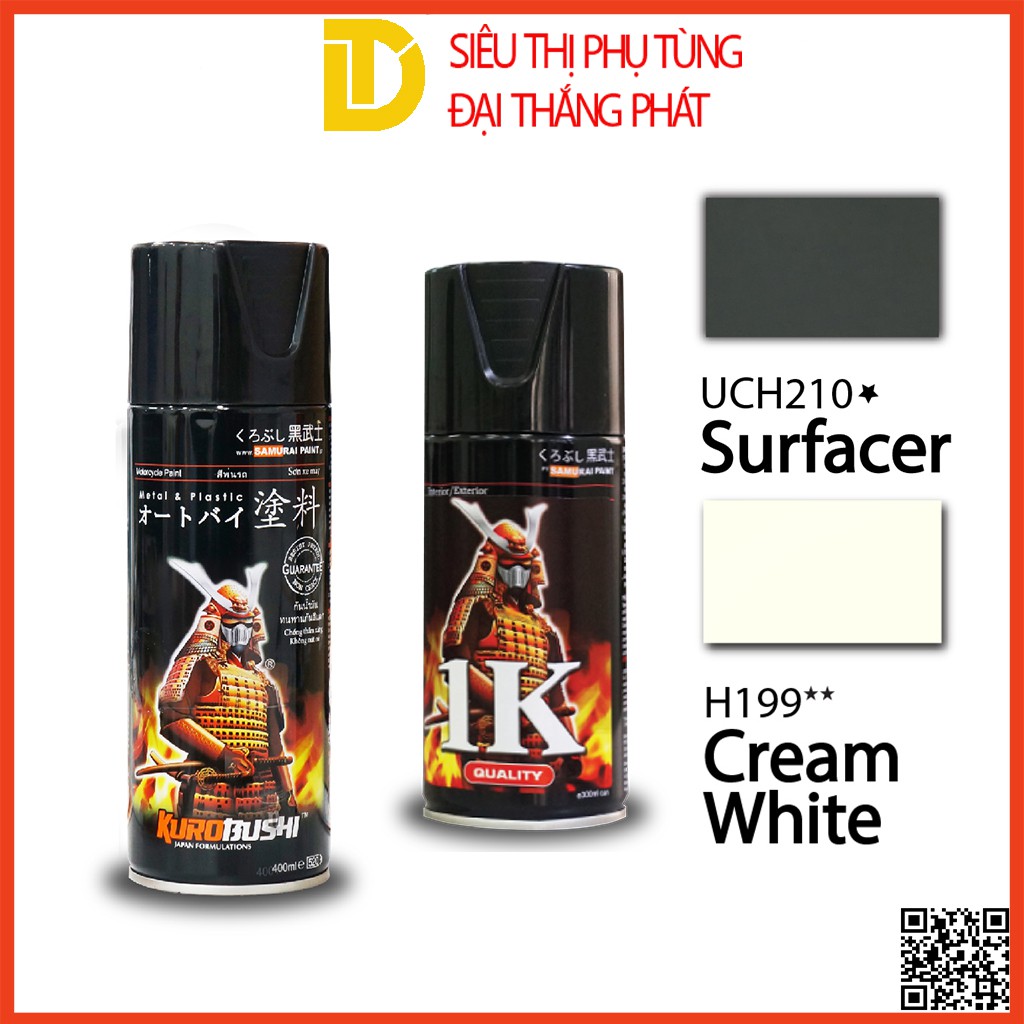 Combo cơ bản sơn Samurai, sơn xịt xe máy màu trắng kem H199 (Lót UCH 210, Nền: trắng 2/102, Màu trắng kem H199, Phủ K1K)