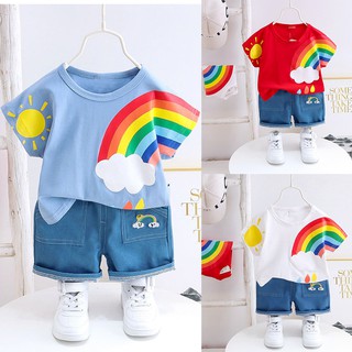 Bộ Áo Thun Cầu Vồng + Quần Jean Ngắn Cho Bé Trai