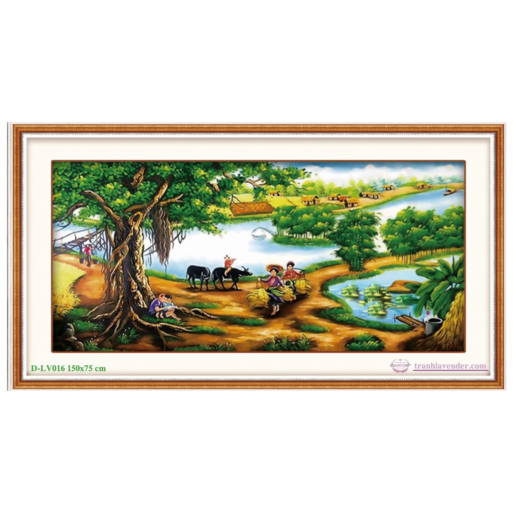 Tranh Đính Đá LÀNG QUÊ THANH BÌNH. Kích Thước: 1m20 x 60cm - 1m50 x 75cm - 2m x 95cm