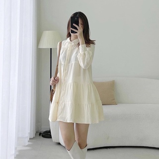 Đầm sơ mi babydoll tay dài form oversize phong cách Basic siêu xinh