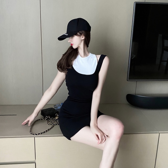 Sexy beautiful back temperament slim fit fake two-piece vest skirt women's summer Korean version close waist thin short Hip Wrap Dress