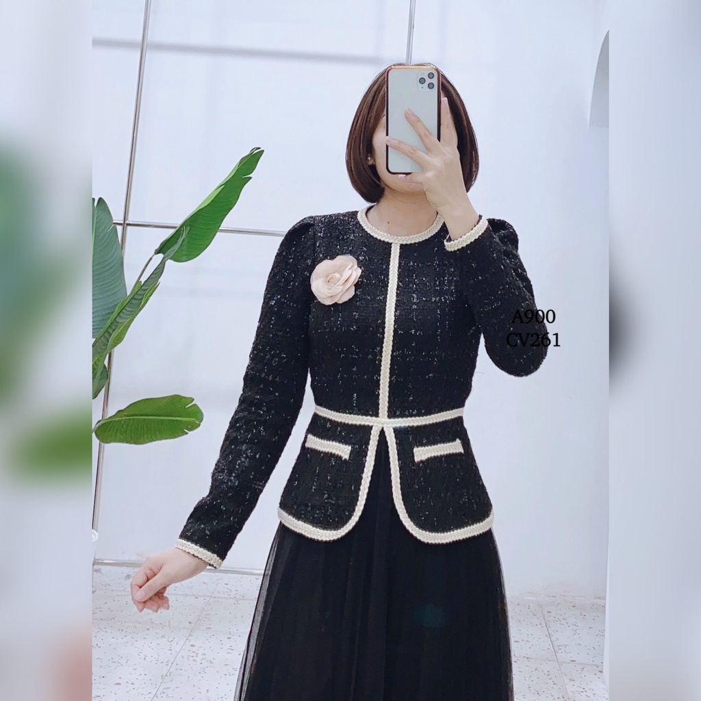 Áo dạ tweed nữ dáng ngắn tiểu thư kiểu peplum công sở dài tay cao cấp Cúc Fashion A900 | BigBuy360 - bigbuy360.vn