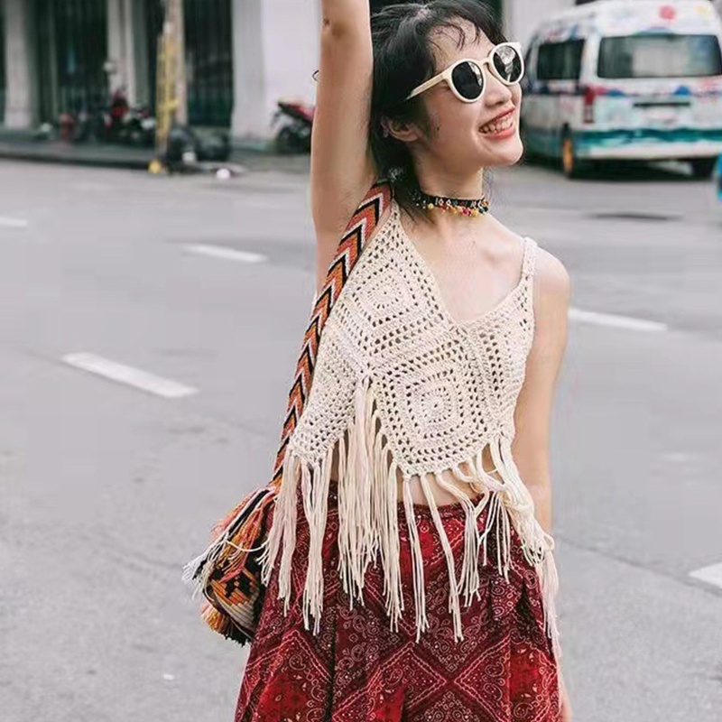 Brroa Áo Croptop Không Tay Cổ Chữ V Khoét Sâu Họa Tiết Kim Cương Phong Cách Boho Quyến Rũ Cho Nữ