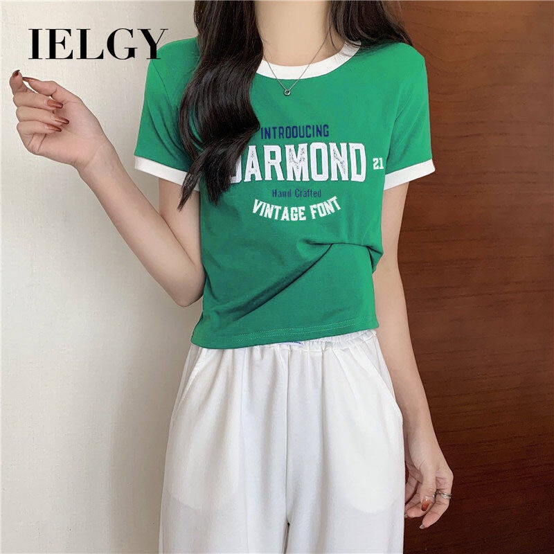 Áo thun IELGY dáng ôm ngắn tay màu trơn in chữ thời trang hè cho nữ
