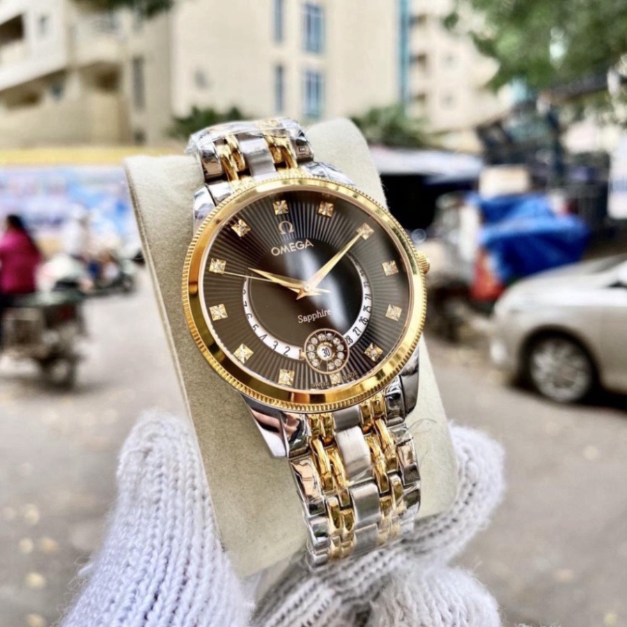Đồng Hồ Nam omega Sapphire OM047 ĐEN Mặt Trăng khuyết Máy Pin Nhật Chống Xước Tuyệt Đối