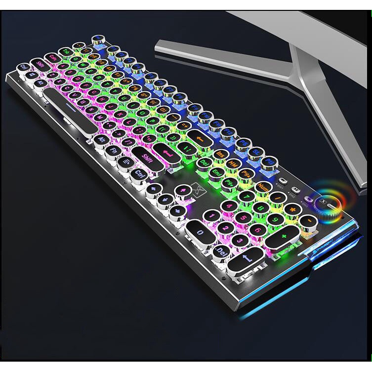 Bàn phím cơ Blue switch XinMeng K901, Bàn phím gaming chính hãng led RGB Phím tròn mạ bạc cá tính có núm xoay đa năng