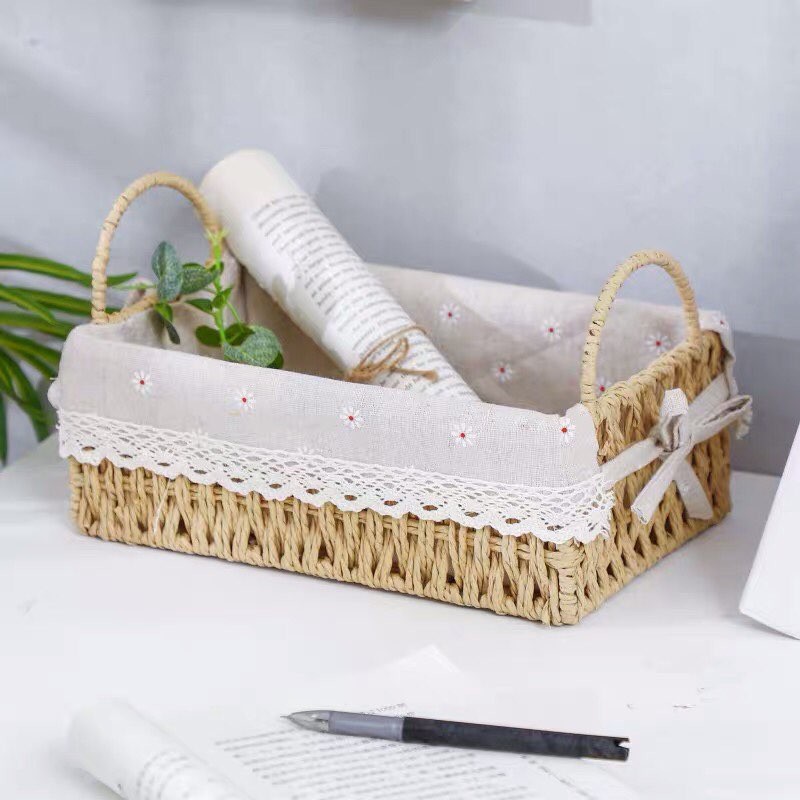 Giỏ mây lót vải CÓ QUAI vintage đựng đồ, giỏ đi picnic, để bàn decor đẹp mắt (Rổ cói lót vải)