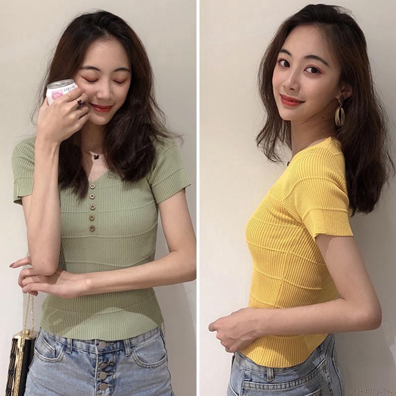 Áo dệt kim tay ngắn cổ chữ V phối nút thiết kế quyến rũ cho phái nữ