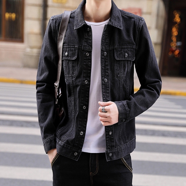 Men Long Sleeve Lapel Denim Jacket with Button for Campus Casual for Spring Autumn