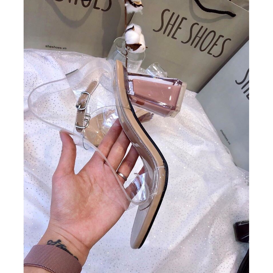 Giày sandal mika trong suốt gót loe cao 8p mã Q82