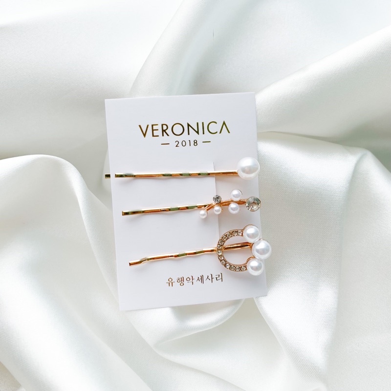 Set kẹp tóc Veronica đính đá hạt ngọc màu vàng đồng