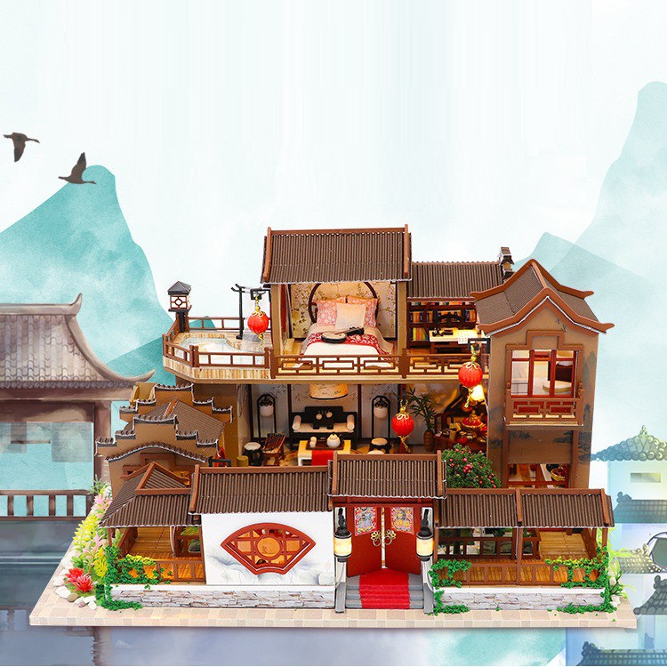 Mô hình nhà DIY Doll House A Splendid Family Kèm Mica Chống bụi, Bộ dụng cụ, Keo dán và Bộ phát nhạc