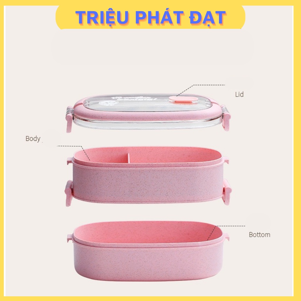 Hộp cơm văn phòng giữ nhiệt  lúa mạch 3 ngăn 2 tầng, Tặng kèm muống dĩa, Kích thước: 21.5 * 12 * 12cm - Cân Nặng:550g