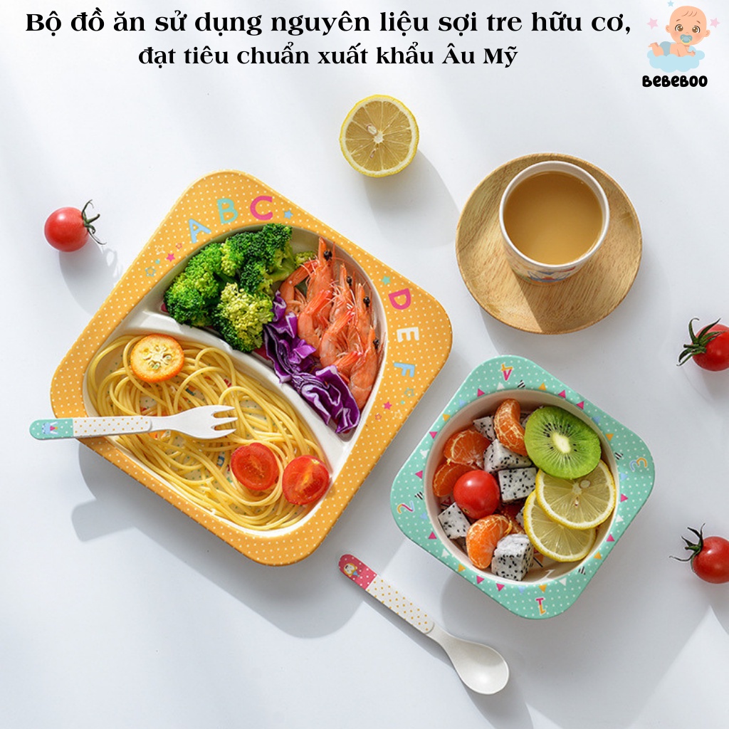 Set khay ăn dặm 5 chi tiết bằng sợi tre gồm khay, bát, cốc, thìa, niĩa cho bé cưng