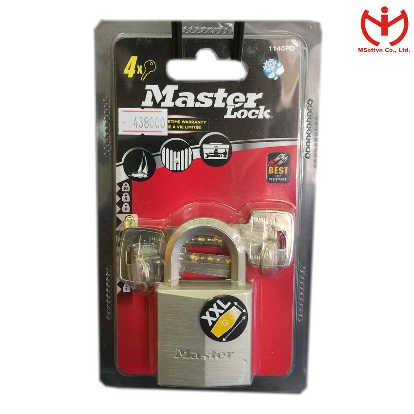 [Q5.HCM] Ổ khóa chống nước Master Lock 1145 PEURD thân đồng mạ Nickel rộng 40mm càng bát giác - MSOFT