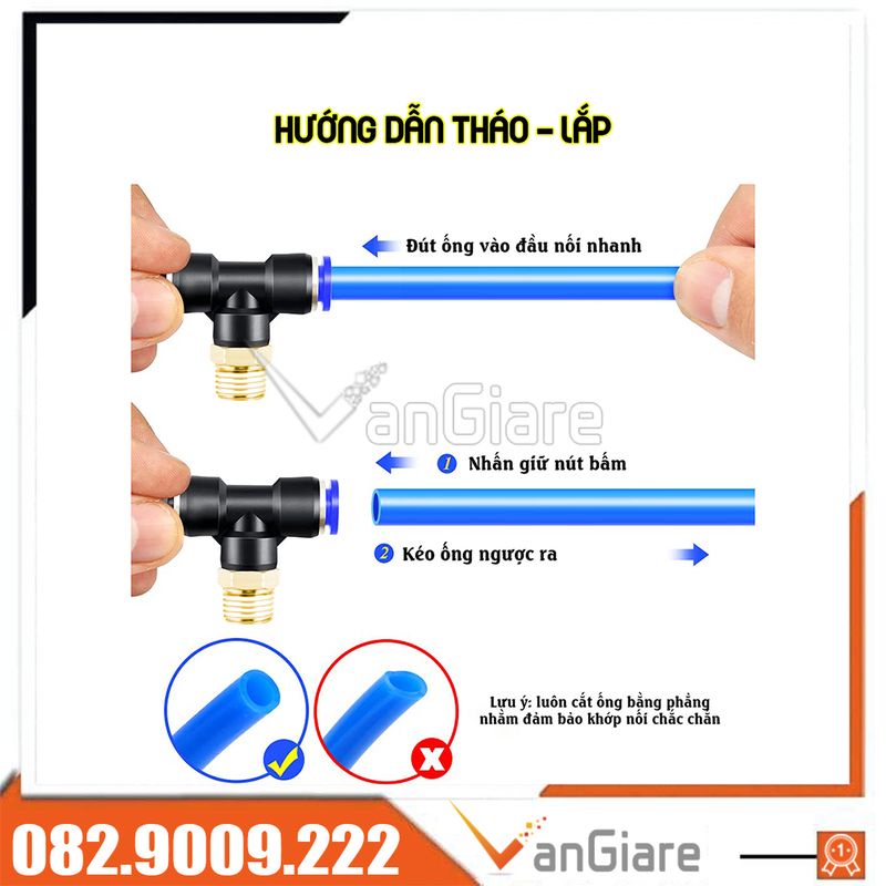 Đầu nối nhanh khí nén 3 ngã kiểu T ren ngoài PB cho ống 4mm 6mm 8mm 10mm 12mm