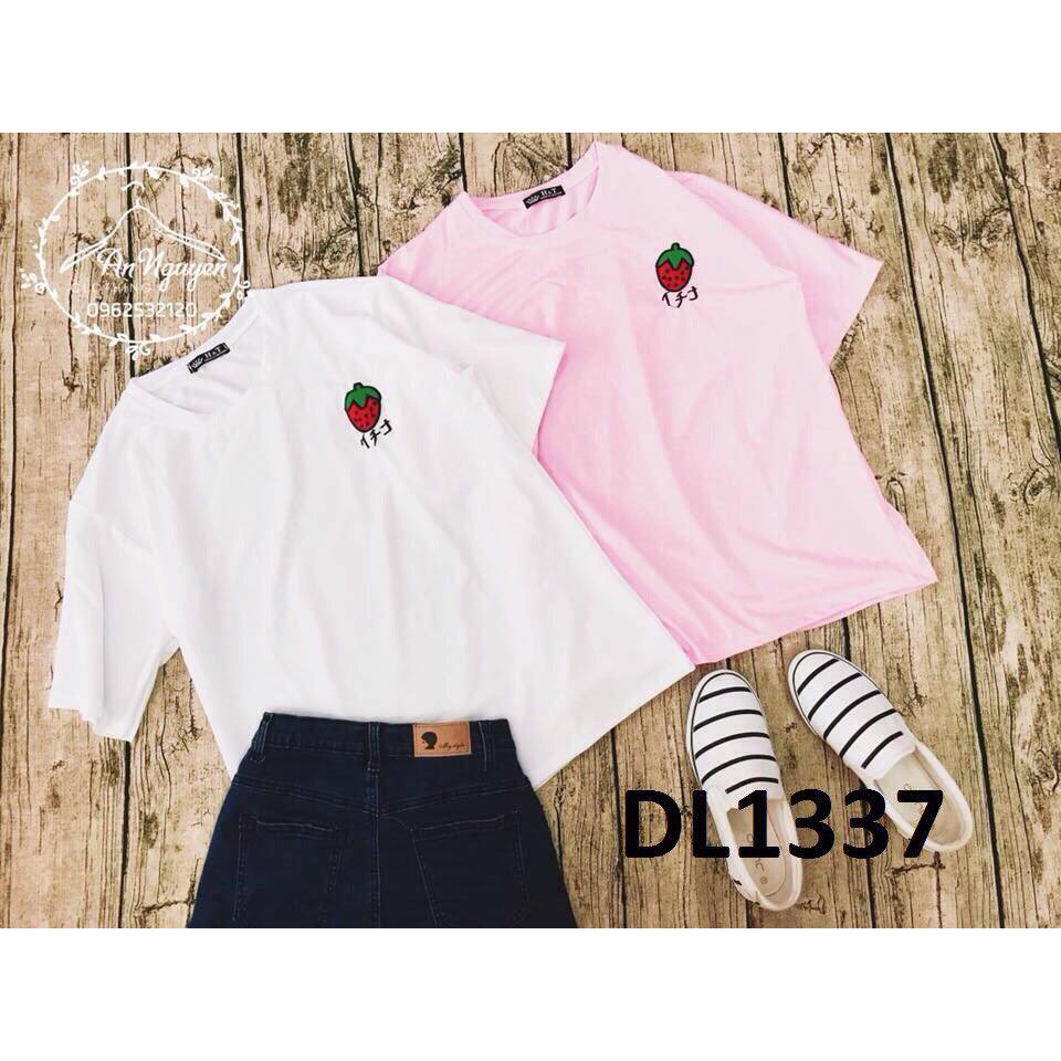 áo thun phong rộng cotton xịn họa tiết dâu freesize &lt;65kg