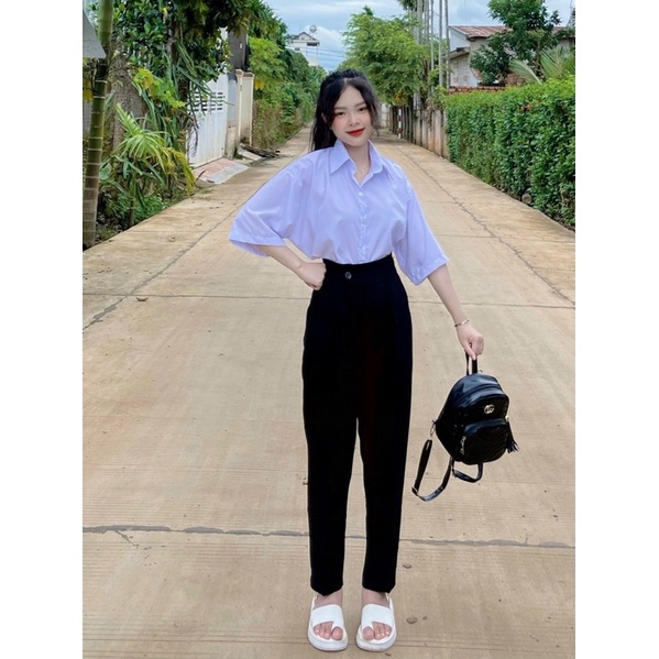 Quần tây nữ quai nhê lưng cao baggy vải tuyết mưa màu đen Zinistore size S M L