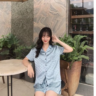 Đồ ngủ pijama lụa gấm chấm bi cộc đùi