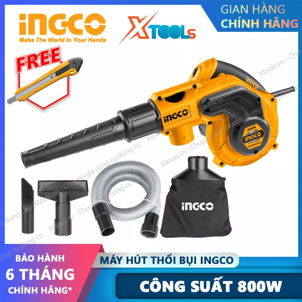 Máy thổi hút bụi INGCO AB8008 công suất 800W tặng kèm túi chứa bụi, ống và 2 vòi hút bụi. Máy thổi/hút bụi cầm tay