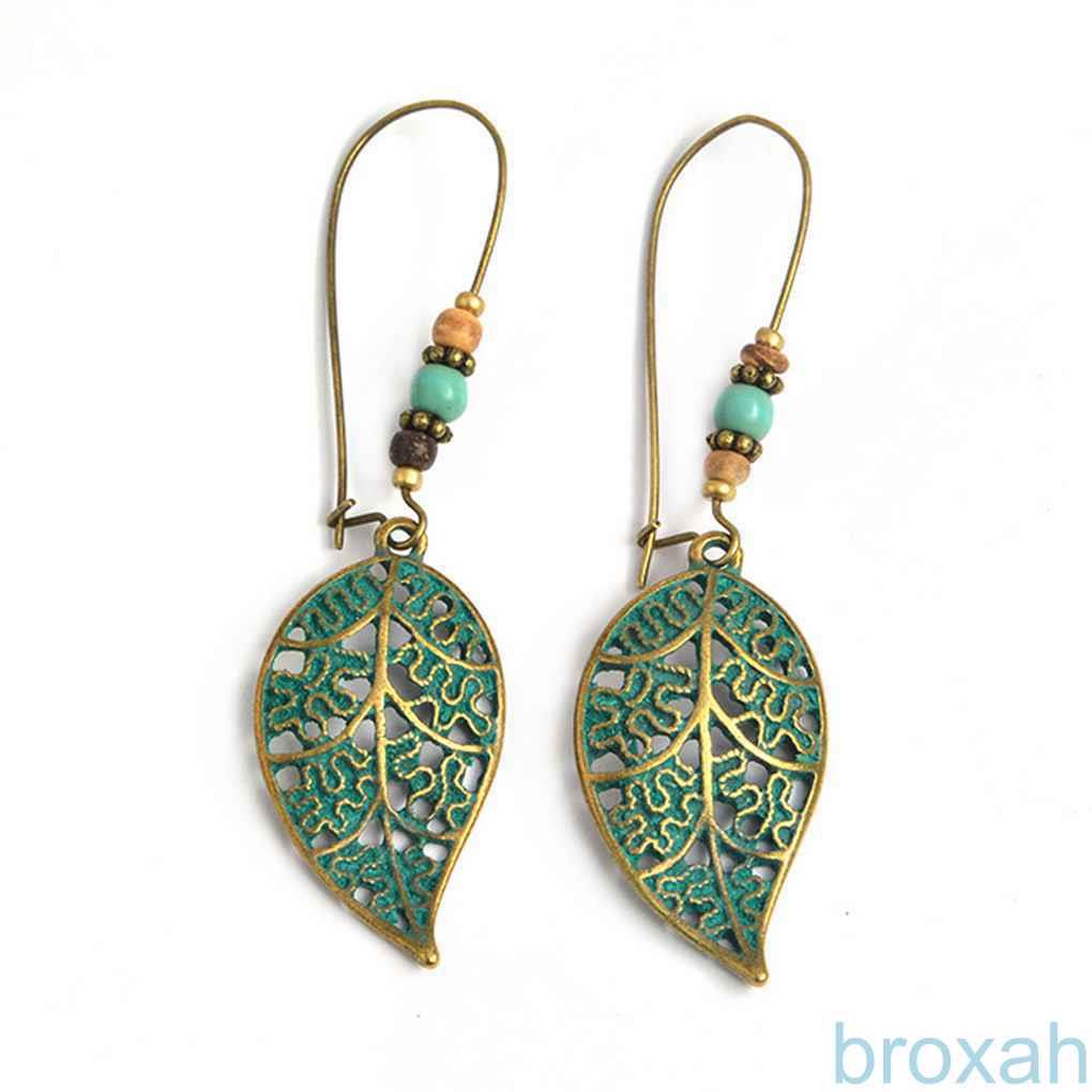 1 Pair Women Ethnic Leaf Earring Girl Stone Dangle Earrings Vintage Bohemian Drop Earrings Lady Jewelry  【broxah】