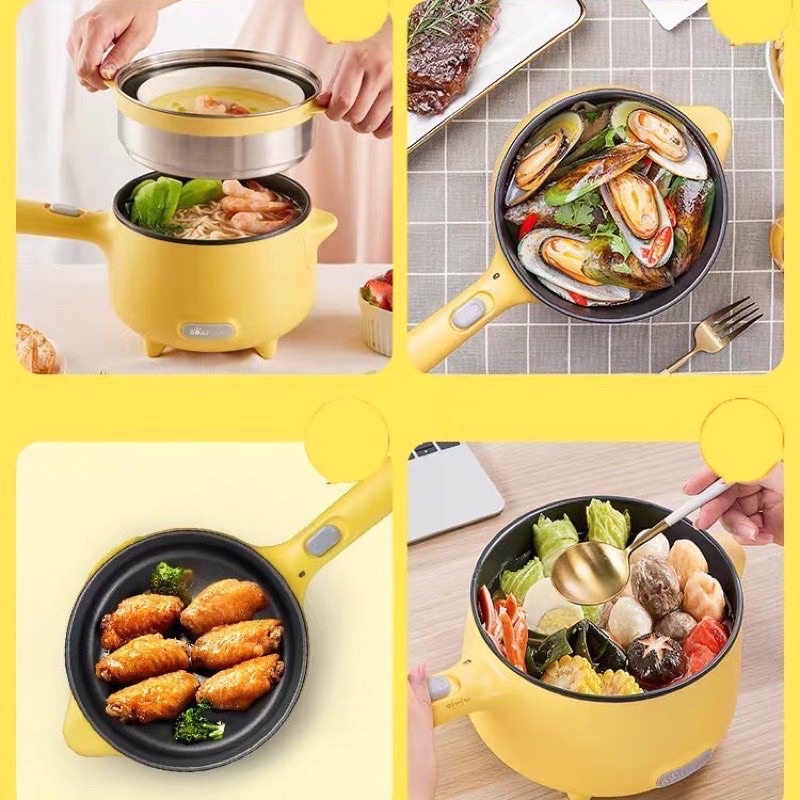 Nồi điện mini đa năng, ca nấu mỳ, chiên xào lẩu hấp Bear màu vàng,  bảo hành 1 năm.