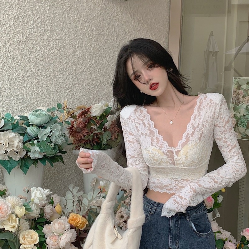 Áo sơ mi ngắn tay dài cổ chữ V phối ren gợi cảm thời trang dành cho nữ