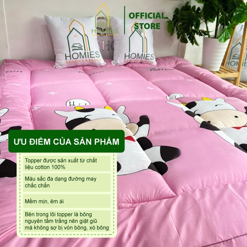 Nệm Topper Bò Sữa Hồng LV HOMIES Tấm làm mềm đệm cotton Đũi Hàn quốc mới nhất 2020 - Có Chun 4 Góc Cố Định Đệm