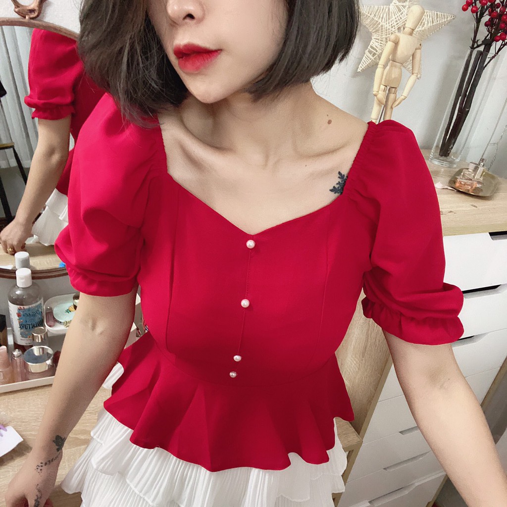 [Mã FAMARAL1 giảm 10K đơn 50K] G44. 921. ÁO BO EO TAY NGẮN KHUY NGỰC