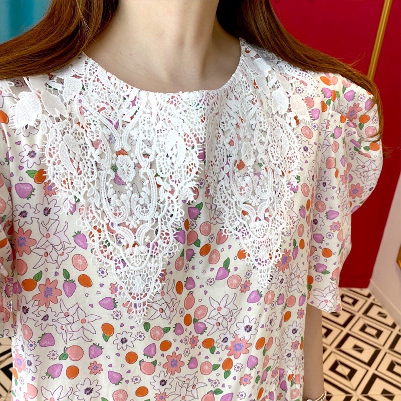 Đầm xoè nữ cổ pha ren in hình trái cây ngọt ngào dáng rộng BigSize, đầm bầu - HÀNG ORDER