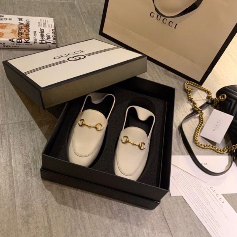 Giày lười loafer nam nữ da thật mũi tròn gắn quai xích GG Gucci GC đủ size