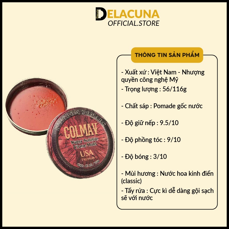 Sáp vuốt tóc nam Colmav Kingdom Pomade Ver 2 giữ nếp cao cấp hương nước hoa Delacuna C02