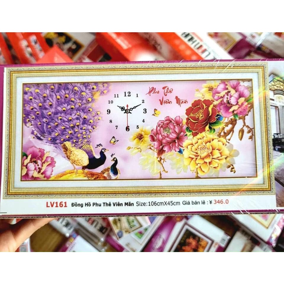 Tranh đính đá đồng hồ phu thê viên mãn KT:106x45cm. Tranh gắn đá tự làm.