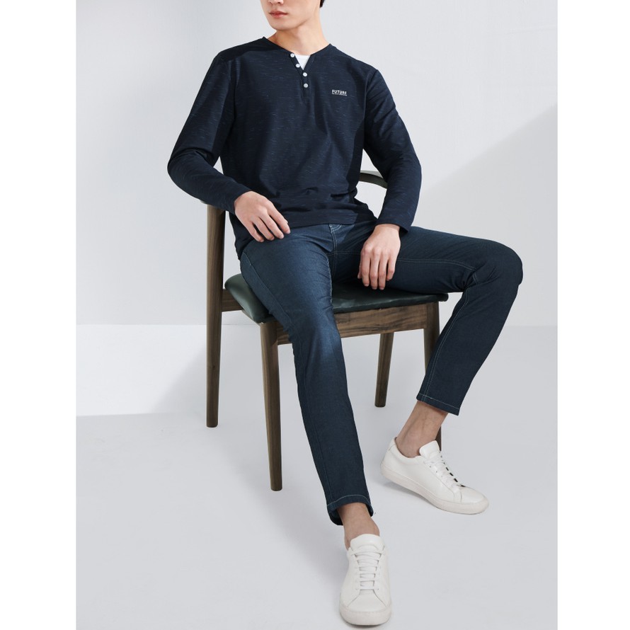 HLA - Áo Thun Nam dài tay cổ Y phối nút vải mềm mịn Simple Basic Solid Color Comfortable Long Sleeve T-shirt