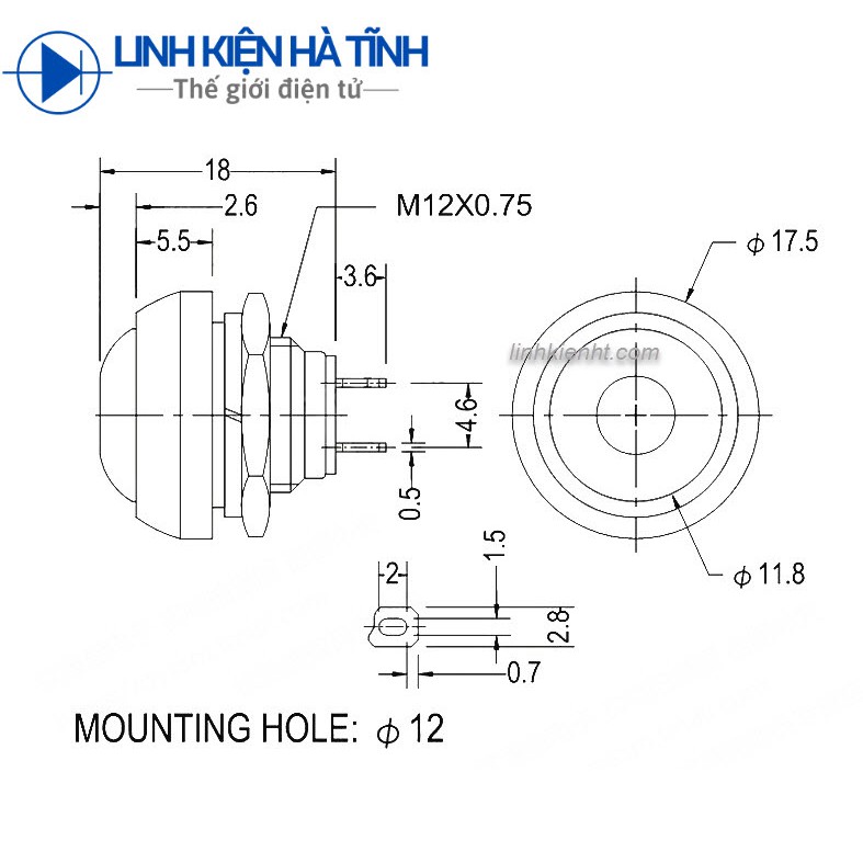 NÚT NHẤN CHỐNG THẤM NƯỚC 12MM