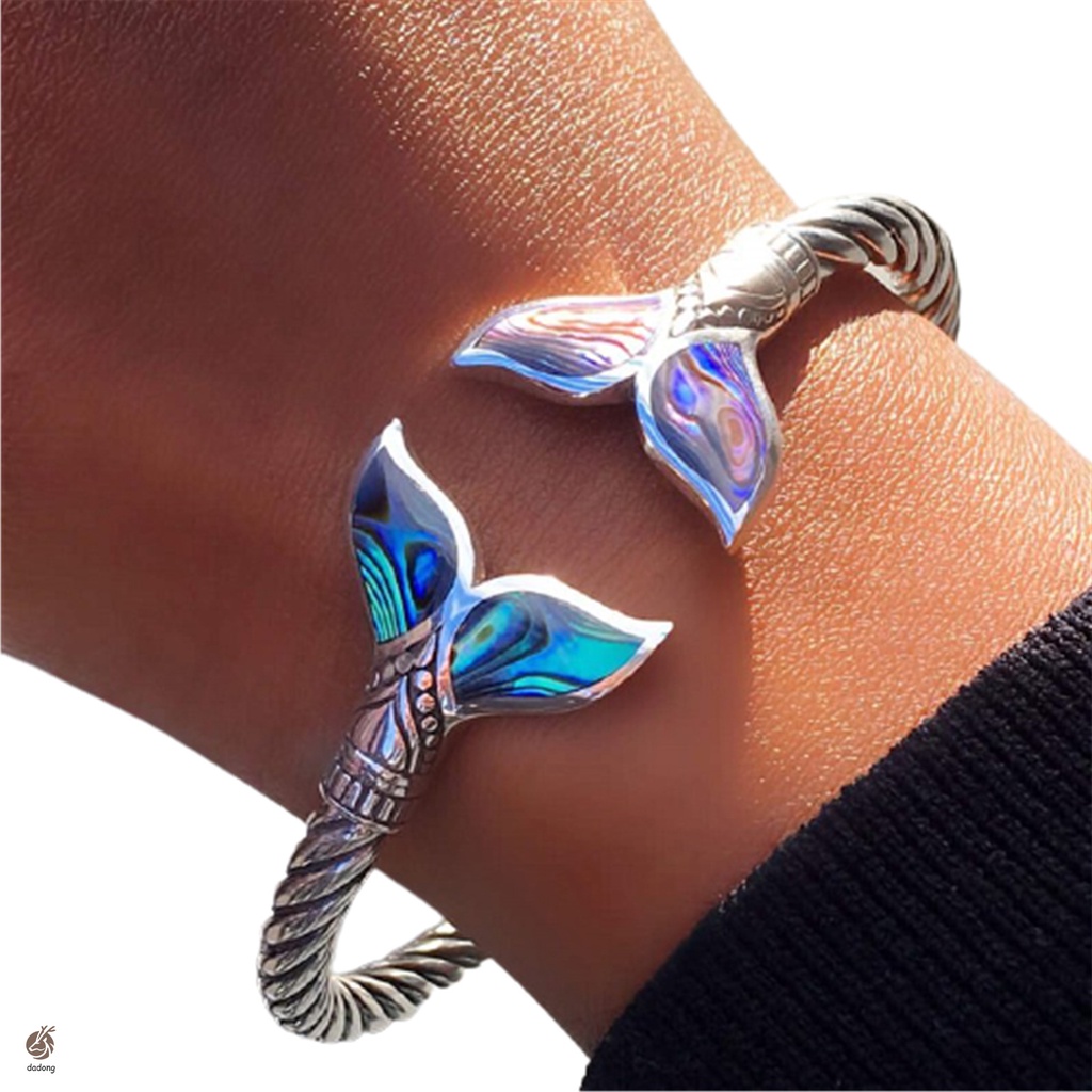 Abalone Shell and Mermaid Tail Bangle Bracelet Adjustable Open Hand Chain for Women Girls