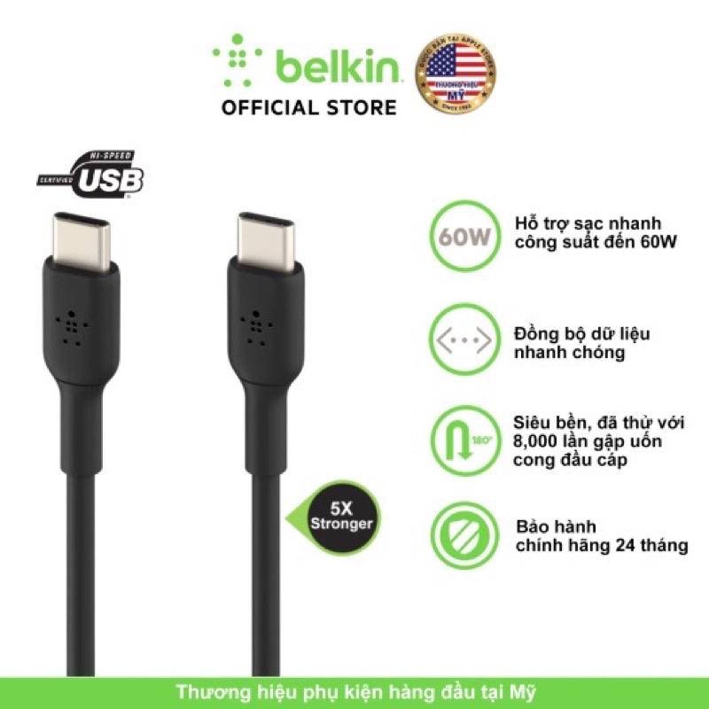 [ NEW NOBOX ] Cáp sạc nhanh USB Type C - C BOOST↑CHARGE™ Belkin 60W vỏ nhựa 1M