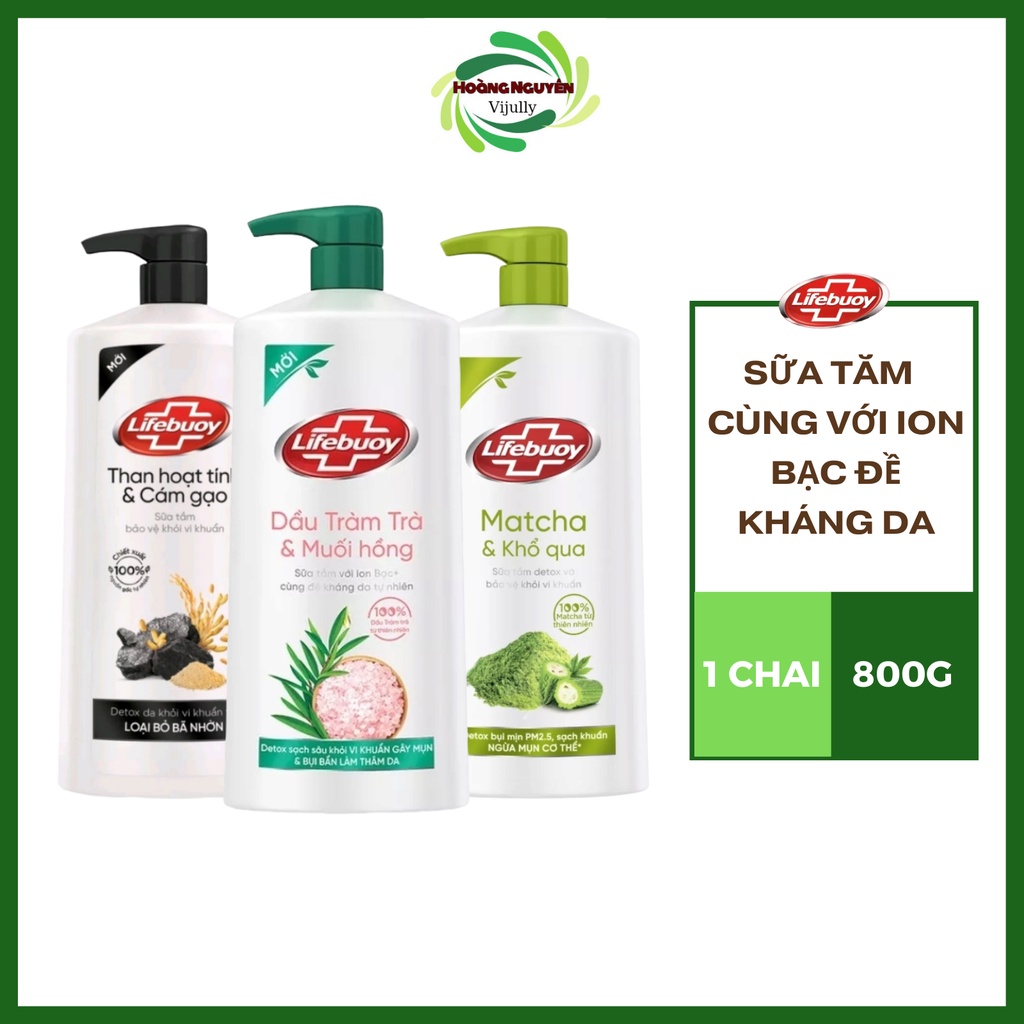 Sữa Tắm Lifebuoy Matcha và Khổ qua/ Dầu tràm & Muối Hồng/Than Hoạt Tính & Cám gạo detox và bảo vệ vi khuẩn 800g