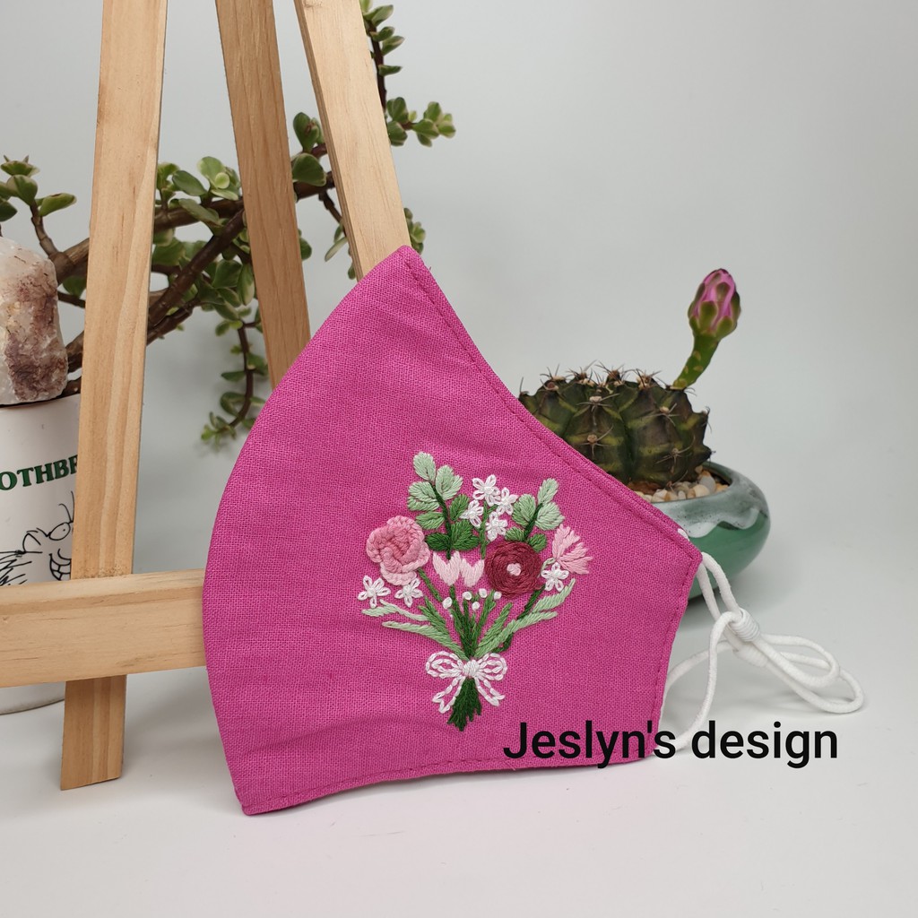 Khẩu trang thêu tay vải linen hình hoa JL165
