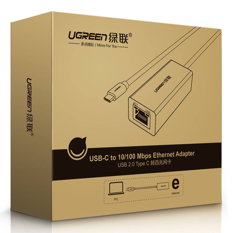 Bộ chuyển đổi USB Type C san LAN 10/100 Mbps Ethernet - dài 40CM - UGREEN 30287 (màu đen)