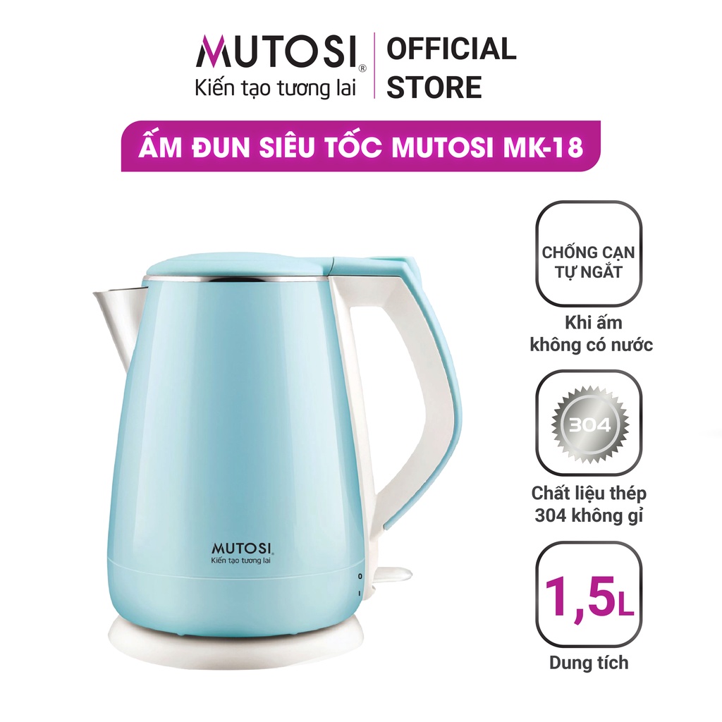 Ấm đun siêu tốc Mutosi MK-18 (xanh), 1.5L, thân ấm 2 lớp cách nhiệt siêu bền, công nghệ Nhật Bản, bảo hành 24 tháng