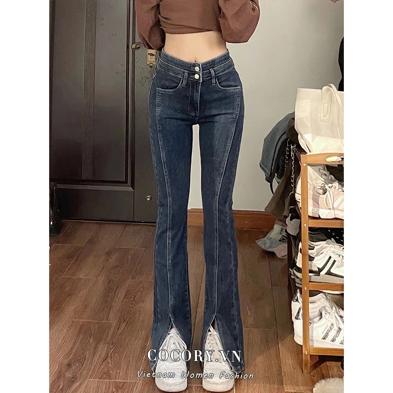 Cocory vn Quần Jeans Nữ Ống Loe Xẻ Tà Thời Trang