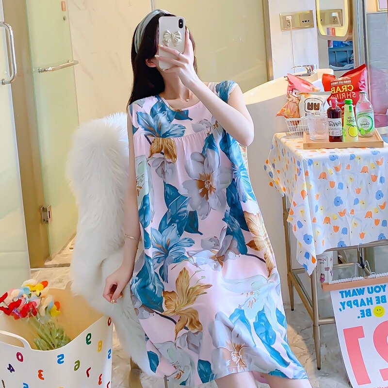 Váy lanh lụa, váy bầu bigsize dáng suông chất mềm mịn mát free size 40-80kg