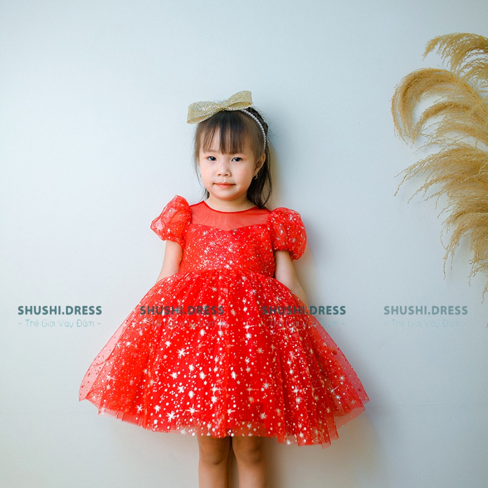Váy công chúa bé gái, đầm công chúa màu đỏ princess tùng xòe 4 lớp phù hợp với các dịp NOEL và TẾT có kèm nơ TO và cài