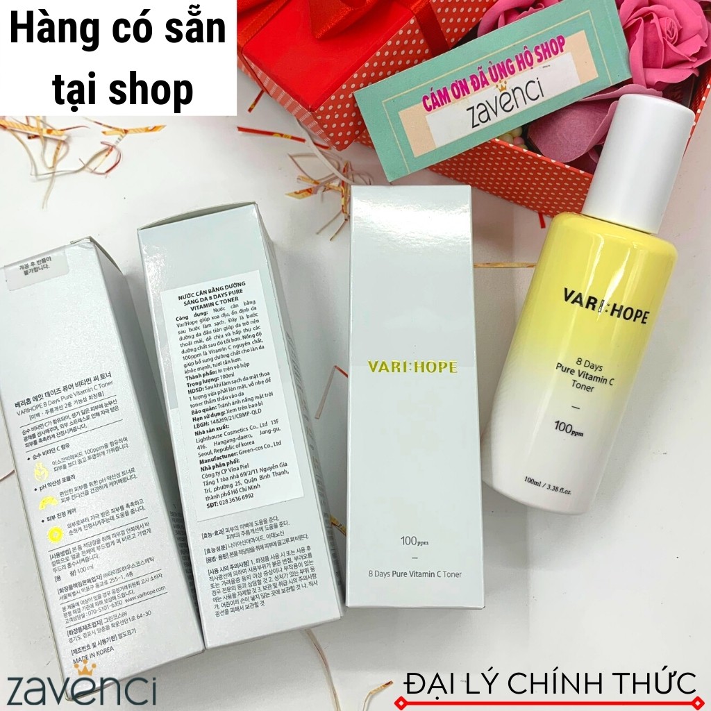 Nước Hoa Hồng VARI HOPE Nước Cân Bằng Làm Sáng Da Cấp Ẩm Vari:Hope 8 Days Pure Vitamin C Toner (100ml)