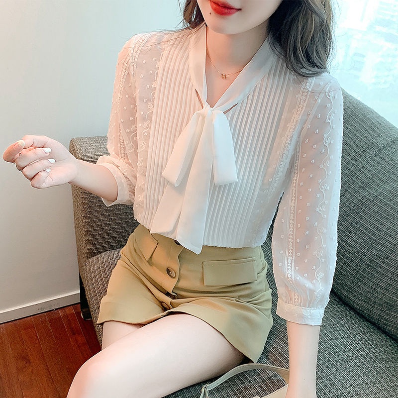 Áo Sơ Mi Voan Trắng Tay Ngắn Cổ Chữ V Phong Cách Phương Tây Thời Trang Mùa Hè Cho Nữ