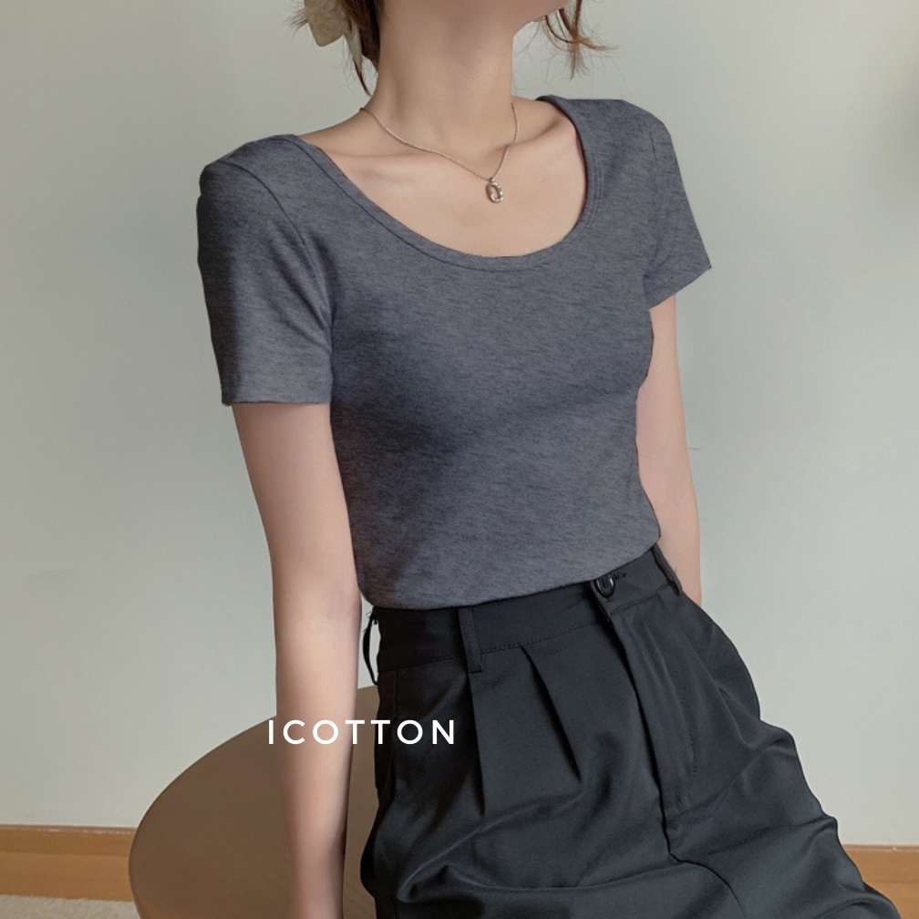 Áo thun nữ cổ vuông cộc tay iCotton form dáng ôm vừa tôn dáng basic chất đẹp cao cấp 100% cotton có biggsize
