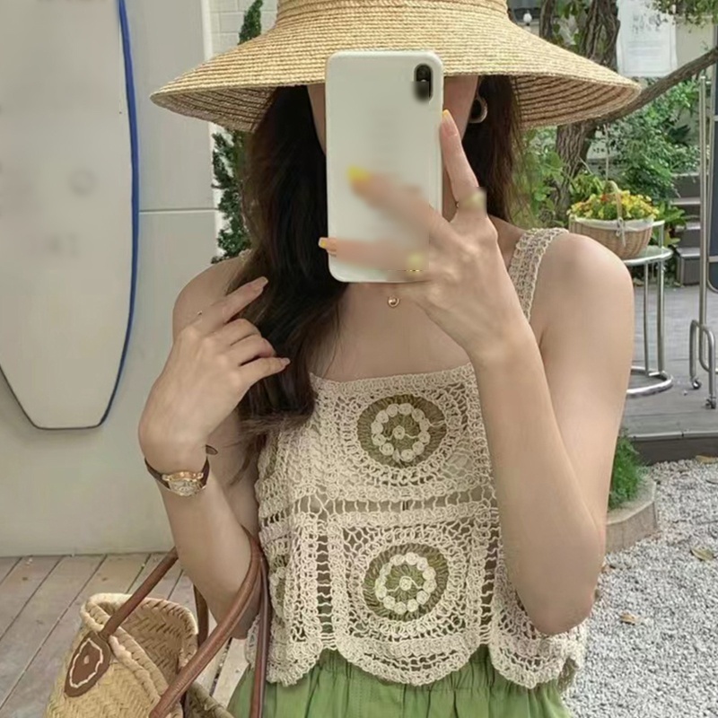 Áo Croptop Dệt Kim Không Tay Họa Tiết Hoa Dáng Rộng Khoét Lỗ Thời Trang Đi Biển Cho Nữ