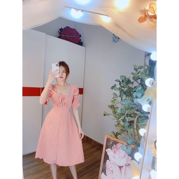 ĐẦM CỔ VUÔNG TAY PHỒNG CÚC BỌC FREESIZE