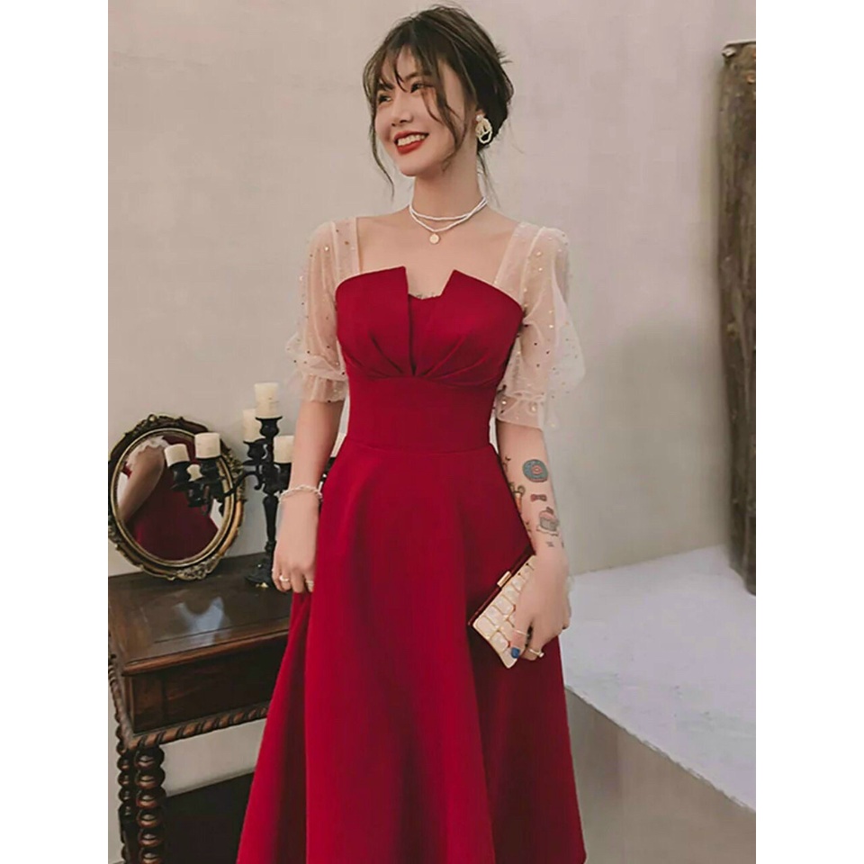 Đầm Xòe Tiểu Thư Tay Lưới Kim Sa Thanh Lịch